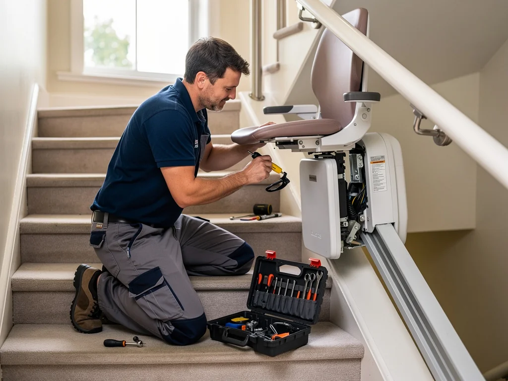 Technicien réglant un monte-escalier pendant la mise en service