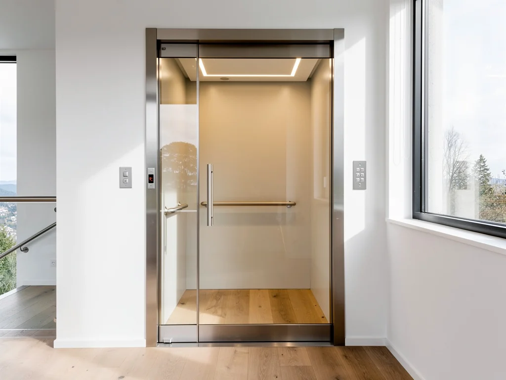 Mini-ascenseur de maison à porte vitrée desservant un étage